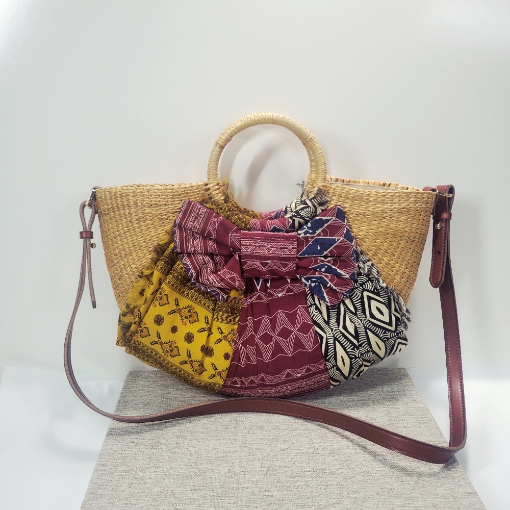 Sam Edelman Jaelynn Woven Bow Straw Crossbody Tote Bag Multicolor